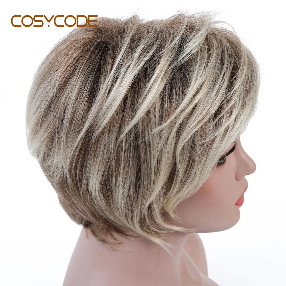 COSYCODE короткие светлые парики с челкой выделяет Pixie Cut синтетический парик для повседневной носки косплей вечерние термостойкие парики