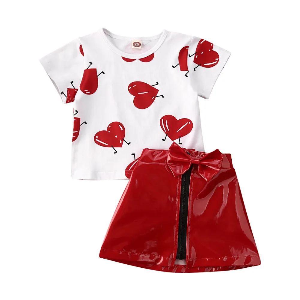 0-5 Years Kid Clothes Sets Baby Girl Love Printed T-shirt Tops and Girls Leather Zip Skirt Summer Outfits baby clothes mini set
