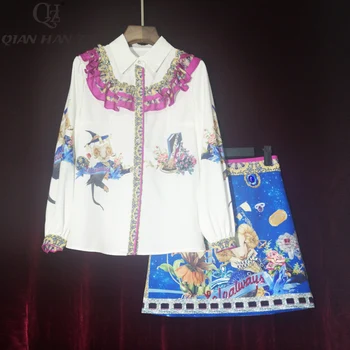 

Qian Han Zi Spring summer Fashion Designer sets Women long sleeve Ruffled shirt and flower print beaded mini skirt 2-piece set