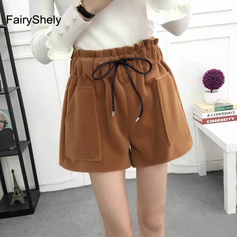 FairyShely Осень Зима теплые женские широкие шорты черные с высокой талией вельветовые эстетические женские Шорты повседневные шикарные шорты