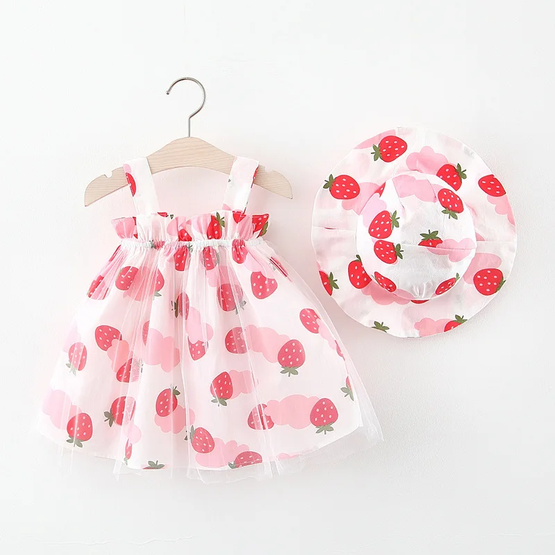 Summer Set Infant Princess Dress Cute Beach Strawberry Sleeveless Lace Cotton Baby Girls Dresses+Sunhat Newborn Clothes BC1875-1