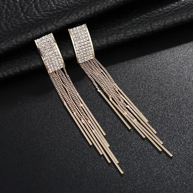 Gold Color Long Crystal Tassel clip on Earrings Without Piercing for Women Wedding Fashion Jewelry Gifts ear clip earrings,clip earrings,ear clip,ear accessories
