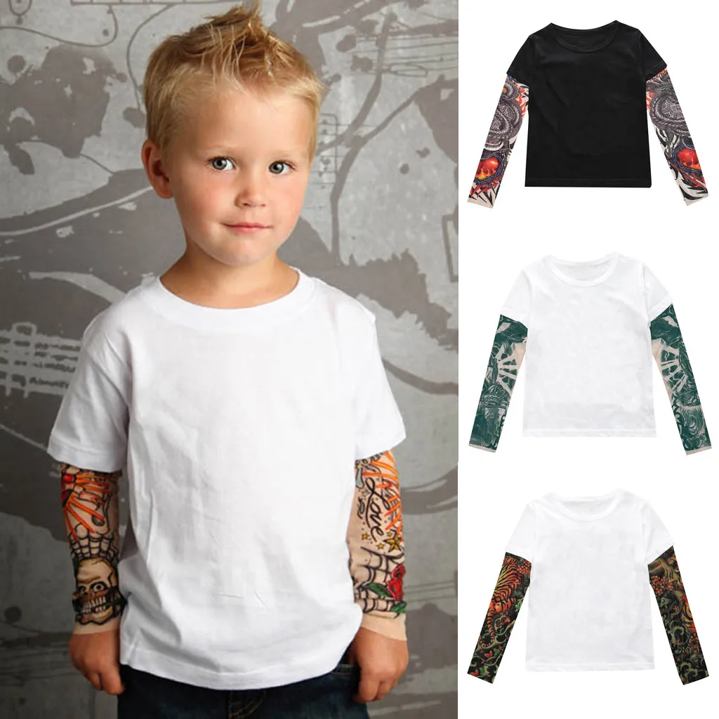 

Autumn Summer Children's T-Shirt Kids Boys Tattoo Parchwork T-Shirt Mesh Printed Tops Camiseta infatil tattoo t shirt baby boy