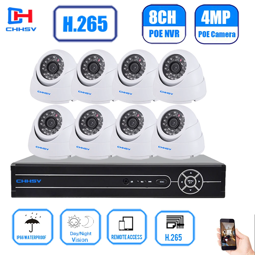 

CHHSV 8CH Network PoE Video Surveillance System 8pcs 4.0MP Outdoor Indoor White Dome IP Cameras CCTV security camera system
