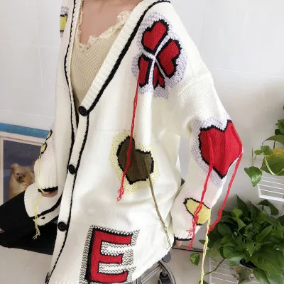 Cardigan Sweater women Tassel button V-neck fashion female love print knit long loose big yards winter clothes LXJ966