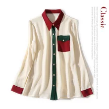 New lapel bump color stitching coat pocket long sleeved single breasted silk shirt joker woman shirts New lapel bump color stitching coat pocket long sleeved single breasted silk shirt joker woman shirts