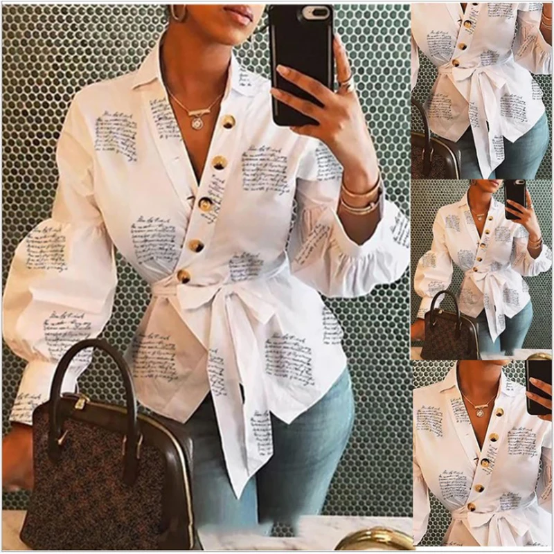 

Fashion Women's White ShirtSummer Autumn Long Sleeve Casual Loose Printed With v-neck Lantern Sleeve Buttons Shirt