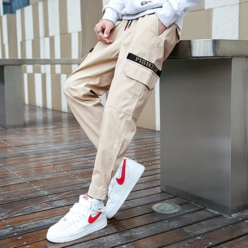 

Khaki Men's Cargo Pants Loose Japan Style Trousers Multi-pocket Ankle-Langth Pants Casual Elastic Waist Men Big Size 2020 Spring