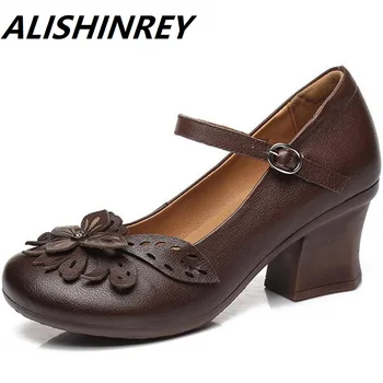 

AISHINREY 2020 Handmade Women Genuine Leather Shoes Spring Women Pumps Retro Lady High Heels Slip On Flower Pumps