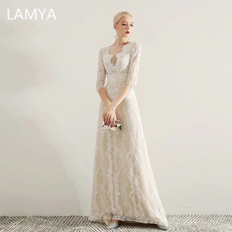 LAMYA женское элегантное кружевное длинное вечернее платье с коротким рукавом для выпускного вечера Плюс Размер без спинки вечернее платье De Soiree
