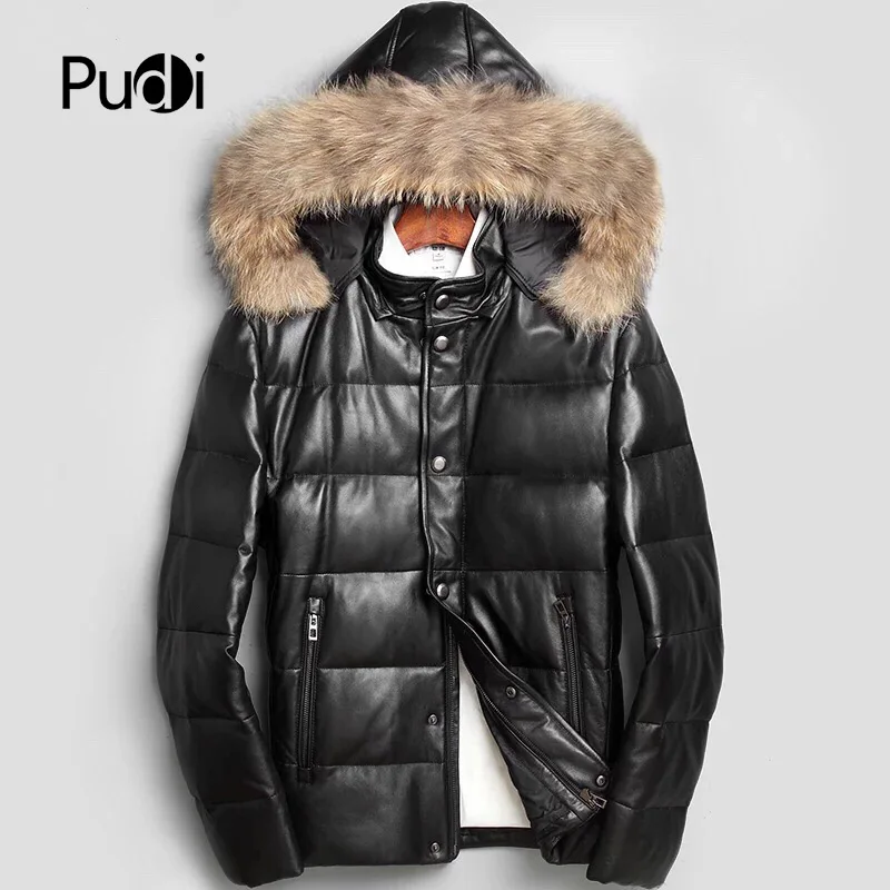 PUDI MT820 мужские новые модные куртки из овечьей кожи пуховые куртки с воротником из меха енота Осень Зима Повседневная Верхняя одежда
