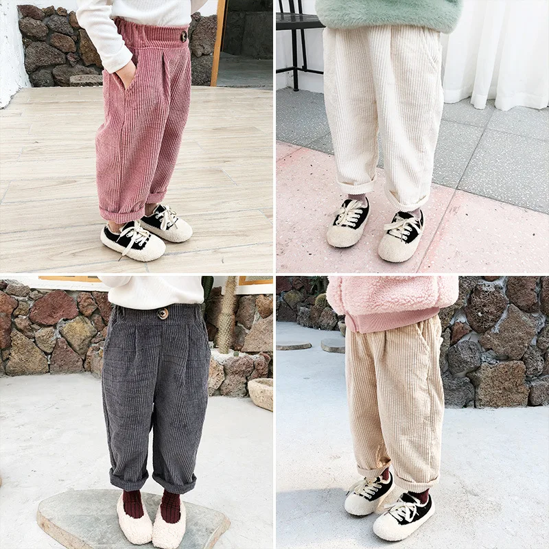 Г. Новое поступление, Осенние хлопковые вельветовые свободные длинные штаны в Корейском стиле, подходящие ко всему, с пуговицами для маленьких девочек и мальчиков
