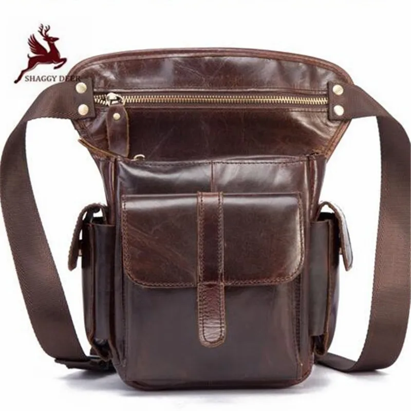 

Coffee solid retro cow leather men pocket bags quality oil waxed first layer leather Mobile camera outdoor leg bag Purse