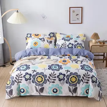 

Home Textile Bedding Sets 5 size Blue Flowers Summer Bed Linens 3/4pcs Duvet Cover Set Pastoral Bed Sheet AB Side Duvet Cover