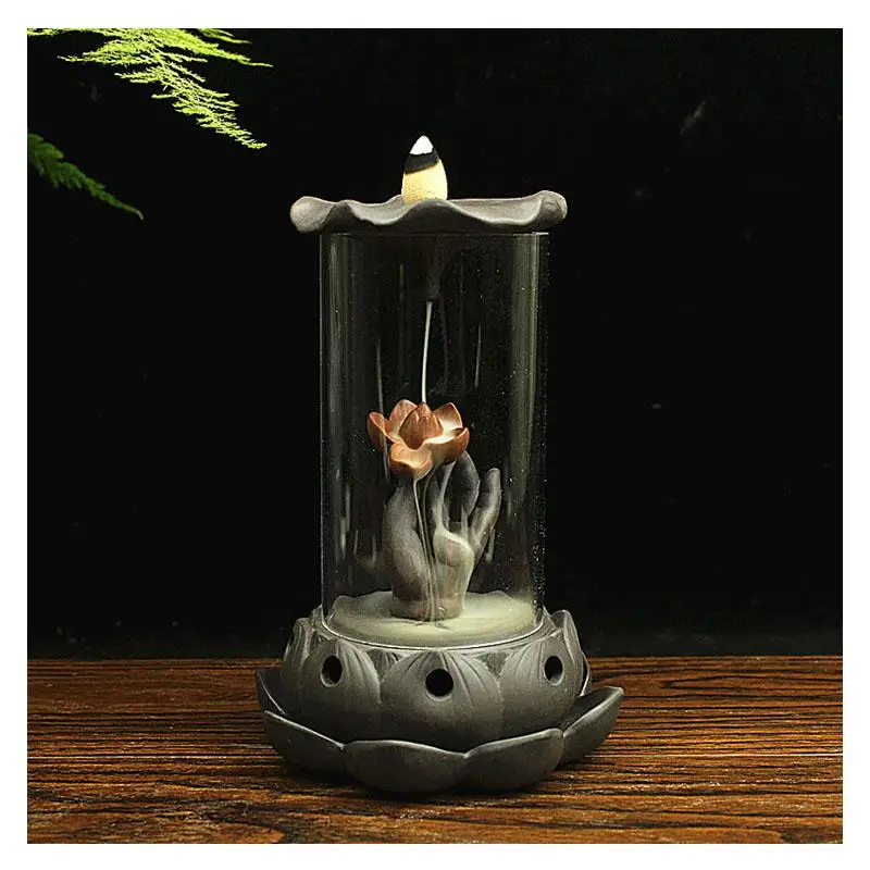 

Clear Cover Lotus Backflow Incense Burner Ceramic Aromatic Flower Smoke Waterfall Home Office Incense Road Crafts Incense Holder