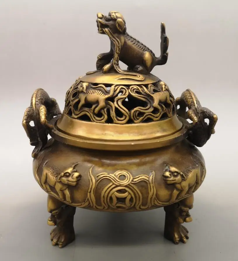 

China brass archaize mythical wild animal Incense burner crafts statue