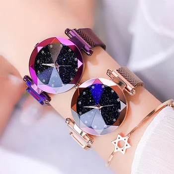 

Luxury ladies watch magnet stainless steel mesh with starry fashion diamond female luminous shining quartz watch relogio feminin