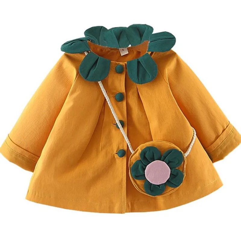 DFXD 2020 Baby Jacket Fashion Girl Baby Outwear Long Sleeve Spring Baby Petal Collar Single Breasted Coats With Bag Kids Clothes