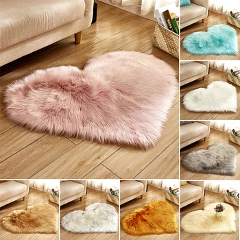 

Rugs Artificial Wool Hairy Carpet Faux Floor Mat Fur Plain Fluffy Area Rug Soft Living Room Carpet Bedroom Love Heart Floor Mat
