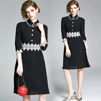 

Simgent 2020 Spring Summer Three Quarter Sleeve Turn Down Collar Knee Length A Line Vintage Black Dress Vestidos SG003291