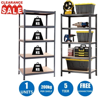 

5 Tier Metal Heavy Duty Garage Storage Shelf Units-180 x 90 x 60cm, 200KG Per Shelf- Metal & MDF Boltless Assembly System 1bay