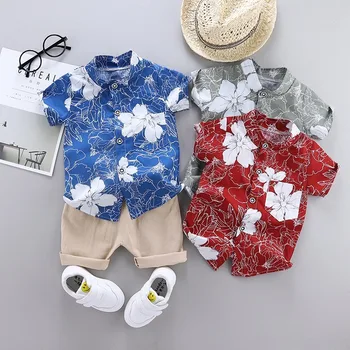 

Children Clothing Boys Short-sleeved Clothes Flower Shirt Lapel Printed with Shorts Suit Beach Kids Summer Costume