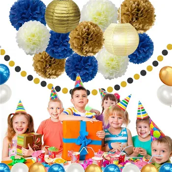 

TTLIFE 42pcs DIY Navy Blue Gold Party Holiday Decorations Birthday Baby Shower Pary Decor Cream Paper Pom Poms Lanterns Balloons