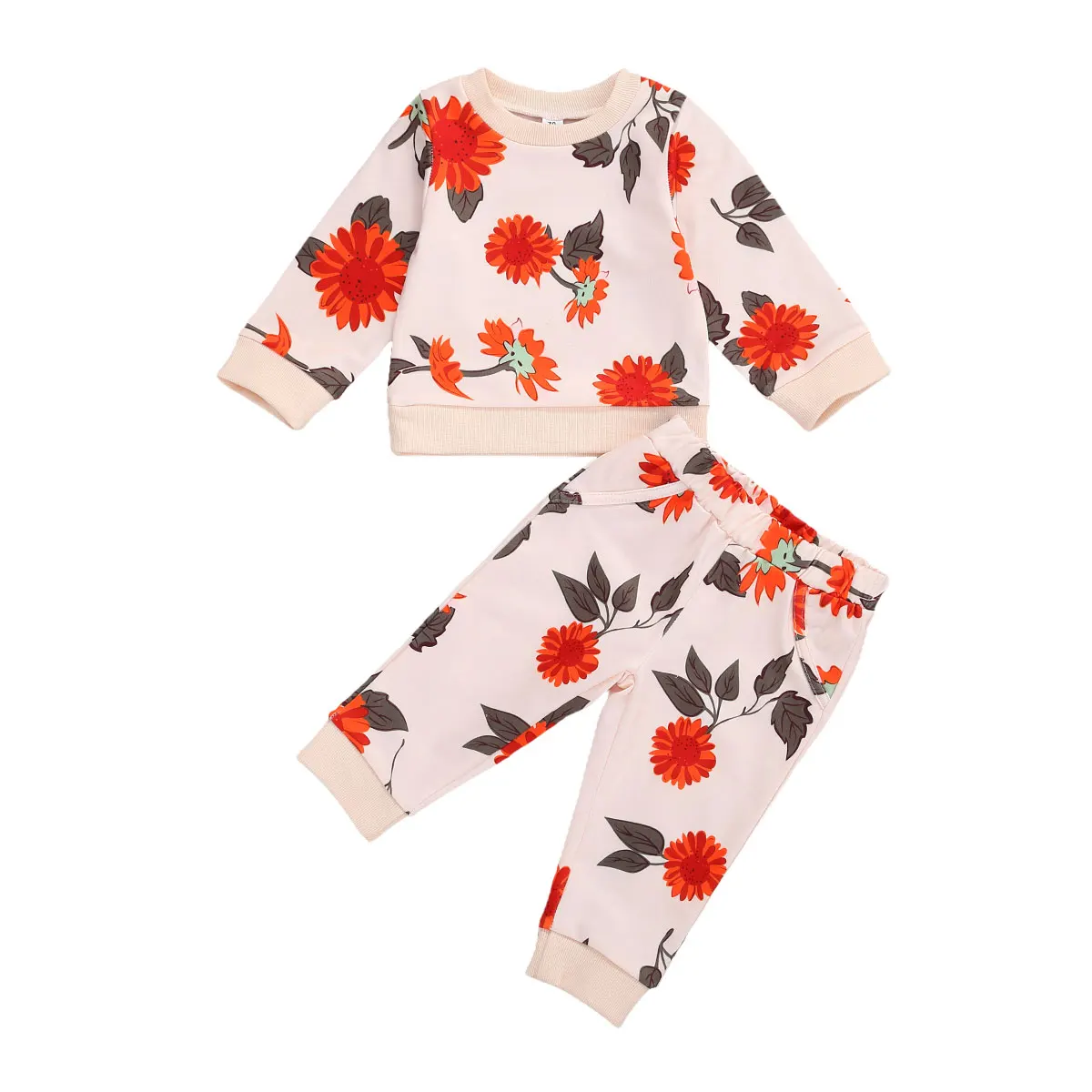 

Autumn Warm Casual 2Pcs Suit Clothing Baby Girls Soft Cotton Big Floral Print Sweatershirt + Trousers Fall Set for Infant Baby
