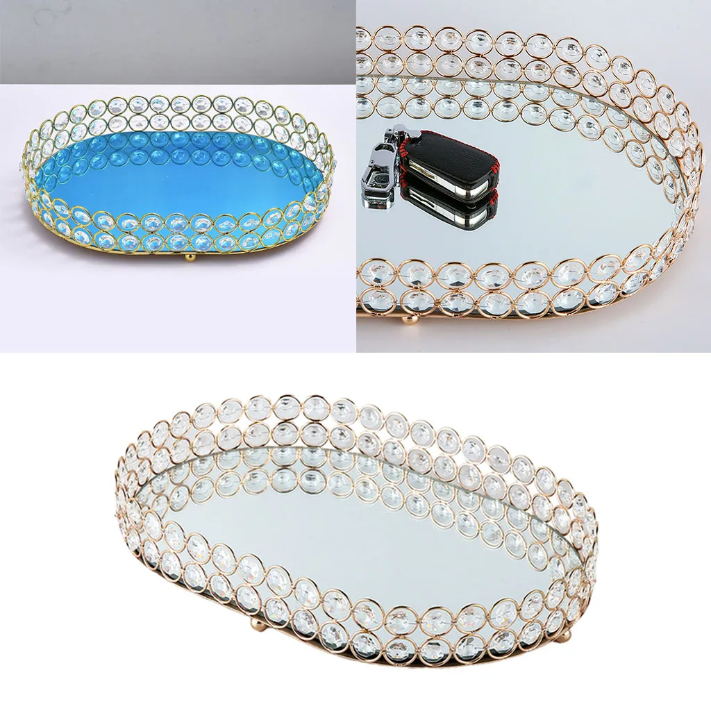 Crystal Oval Mirrored Tray Cosmetic Vanity Tray Jewelry Storage Decorative Tray