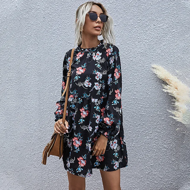 2021 New Autumn Winter Fashion Floral Dress Women Casual Full Sleeve High Waist Loose Print Dress 1