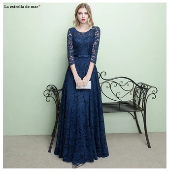 

Vestido madrinha2019 new Scoop neck lace 3/4 sleeve A Line Navy blue bridesmaid dress Floor Length wedding guest Gown advanced
