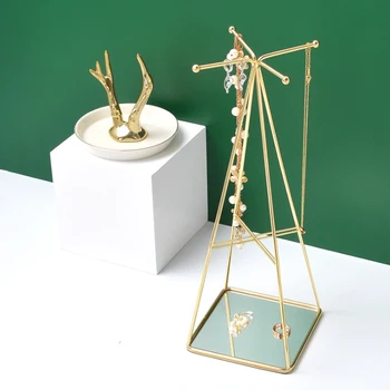 

Nordic Light Luxury Style Jewelry Display Shelf Necklace Earring Golden Geometric Wrought Iron Storage Rack Desktop Decoration