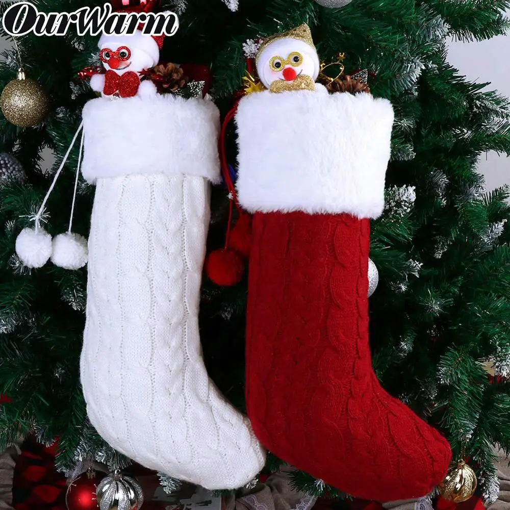Теплые рождественские вязаные чулки, Подарочная сумка для конфет, рождественская елка, подвесные украшения, Рождественское украшение для дома, красный/слоновая кость