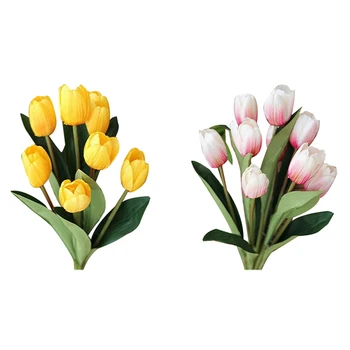 

2 Bouquet 9 Heads Fake Tulip Artificial Silk Flower Home Office Wedding Decor Gorgeous(Yellow&Pink White)
