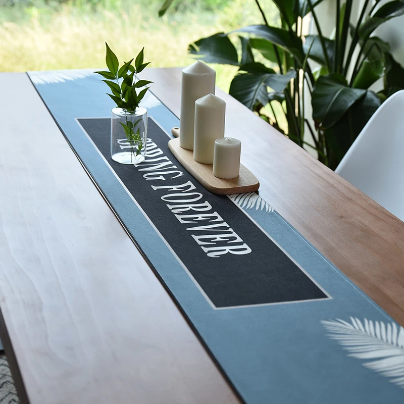 

Blue palm leaf pattern Table Runner Waterproof Table Cloth Chair Sash Dinner Banquet Baptism Wedding Party Table Decoration