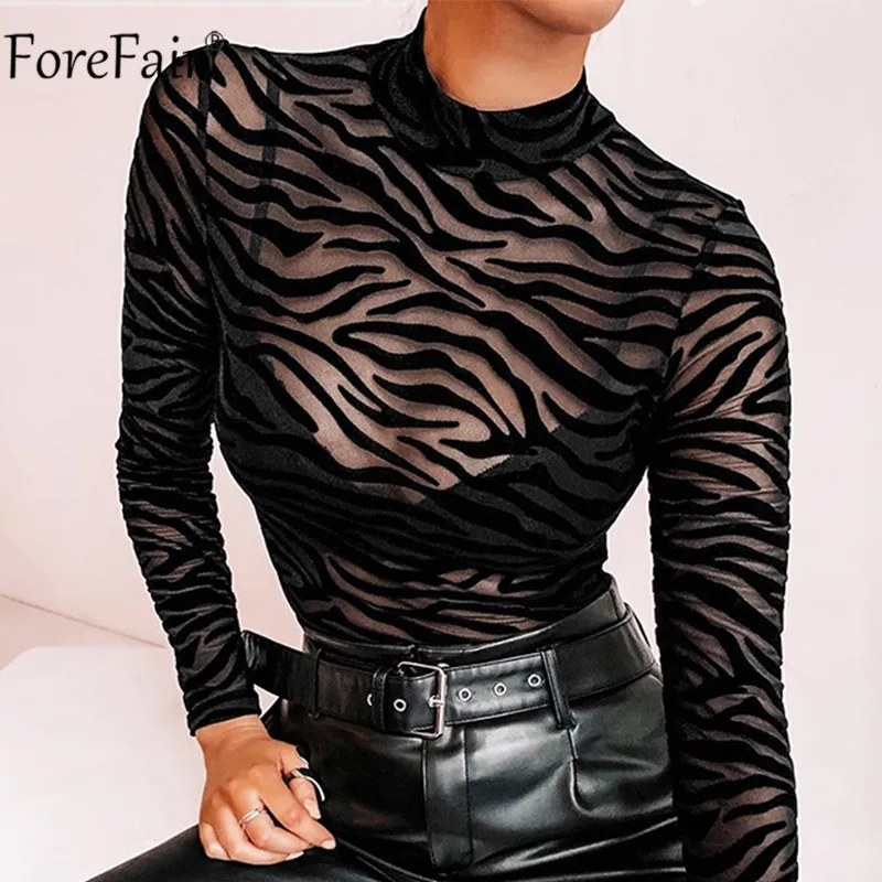 Forefair Mesh Turtleneck Women Bodysuit See Through Long Sleeve Body Top Zebra Print Black Autumn Ladies Sexy Bodysuits Forefair Mesh Turtleneck Women Bodysuit See Through Long Sleeve Body Top Zebra Print Black Autumn Ladies Sexy Bodysuits