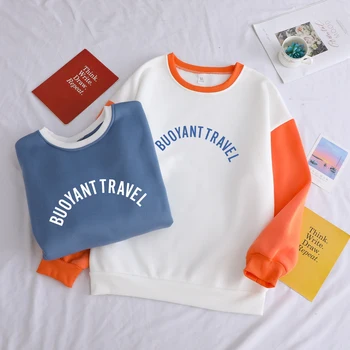 

Simple Hoodies Women Fashion Korean Style BUOYANT TRAVEL Print Autumn Winter Long Sleeves Fashion Hit Color Sports Sweatshirts