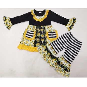 

Baby girls clothes fashion sunflower cow skull print long sleeve tunic pocket black color RTS bell bottoms pants clothing sets