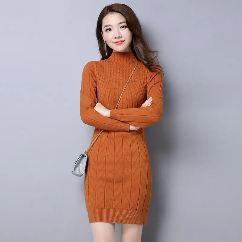 Осень Зима базовые Длинные Пуловеры Свитера женские новые модные корейские стильные тонкие женские Повседневные вязаные свитера платья P131 - Цвет: Orange
