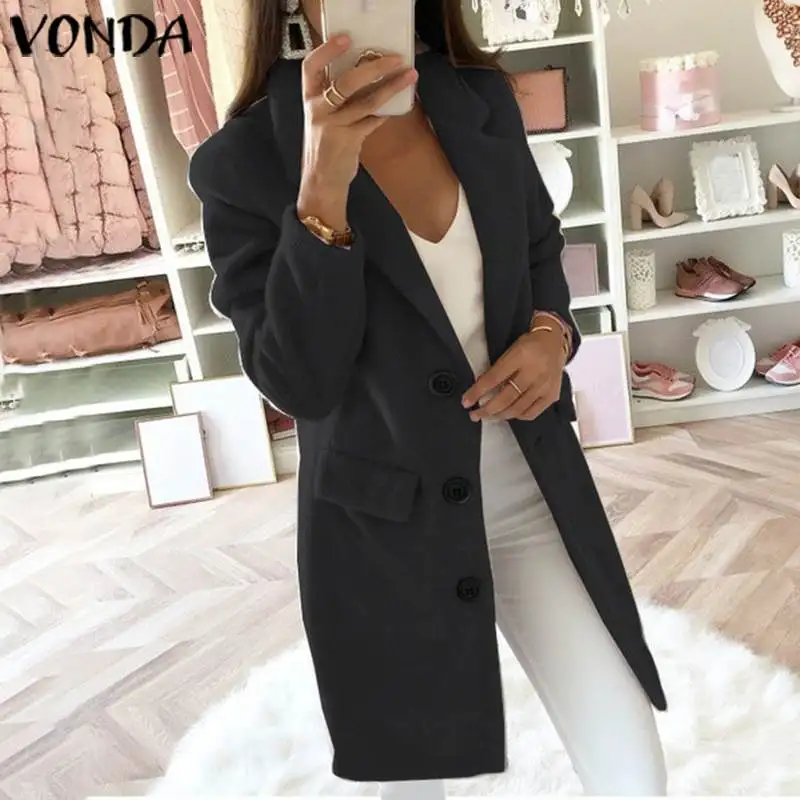 Новинка VONDA, офисное Женское пальто, Тренч, для женщин, Осень-зима, приталенное пальто,, Ретро стиль, на пуговицах, с карманами, длинное, размера плюс