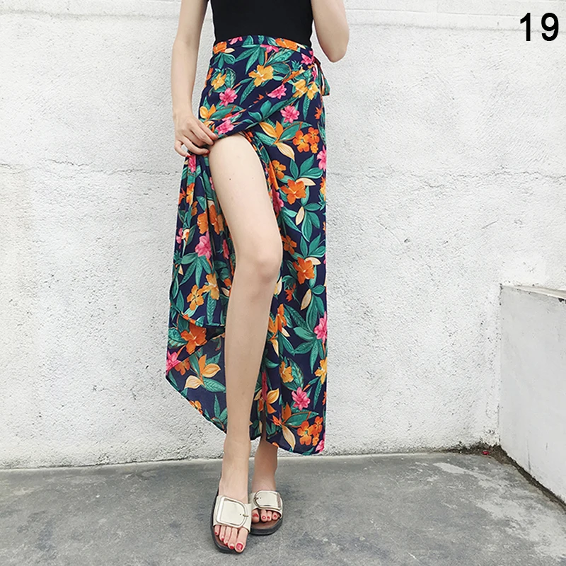 Boho летняя цельная юбка женская шифоновая юбка с запахом Высокая талия длинная тонкая юбка с цветочным принтом Праздничная юбка - Цвет: 19