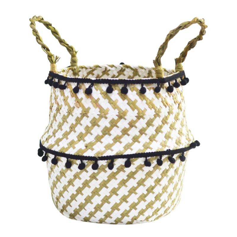 L Handmade Bamboo Storage Baskets Nordic Foldable Laundry Straw Wicker Rattan Seagrass Belly Garden Flower Pot Planter Basket - Цвет: L