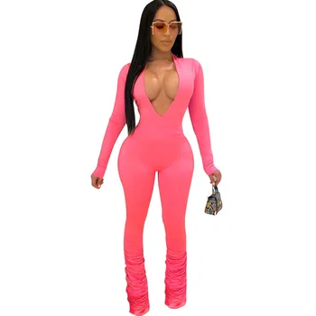 

Echoine Sexy Bodycon Ruched Pleated Jumpsuit Women Skinny stacked pants Club Outfits V-neck Ripped Rompers Playsuit Fashion 2020