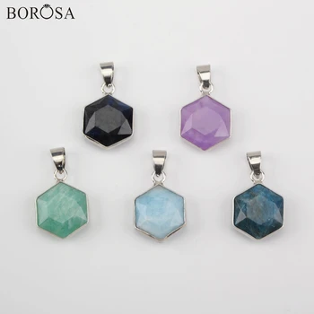 

BOROSA 5/10Pcs New Hexagon Natural Amethysts Amazonite Pendant for Women Silver Plated Charms for Necklace Jewelry MakingWX1357