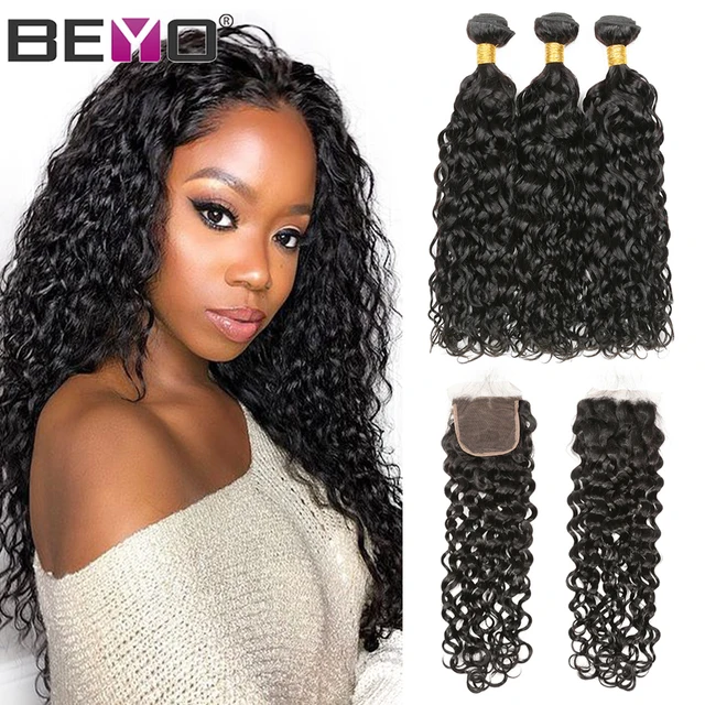 $US $48.12  Water Wave Bundles With Closure Brazilian Hair Weave Bundles With Closure 4Pcs Human Hair Bundles W