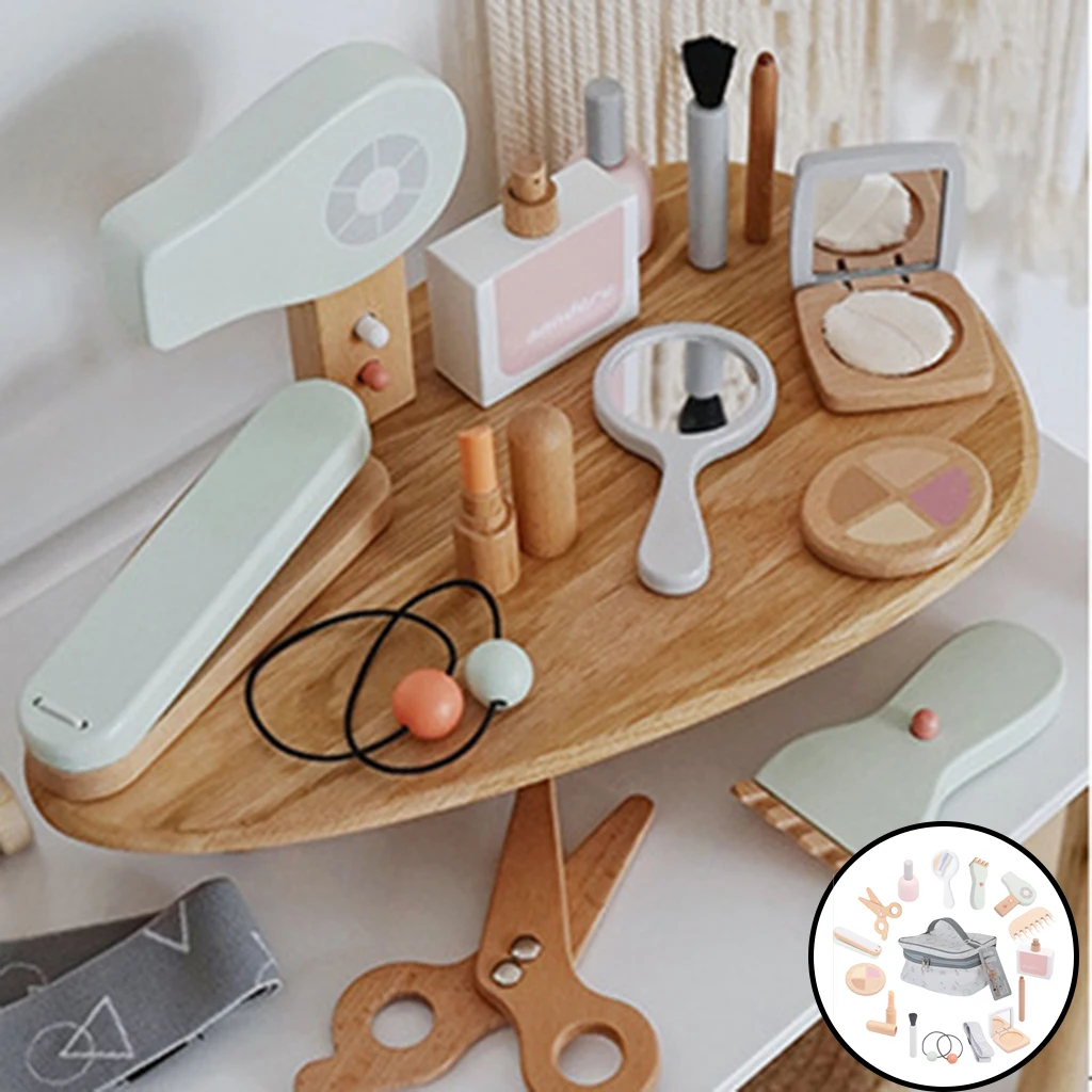 Wooden Girl Pretend Play Makeup Set Role Play Lipstick Brush Scissors Comb Gifts for Girls Age 3, 4, 5,6