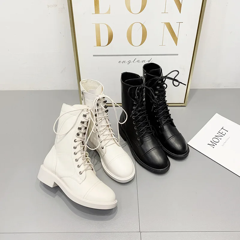 

Round Toe Lace Up Boots Booties Ladies Women's Low Shoes Flat Heel Bootee Woman 2019 Luxury Designer Mid Calf Leather Mid-Calf