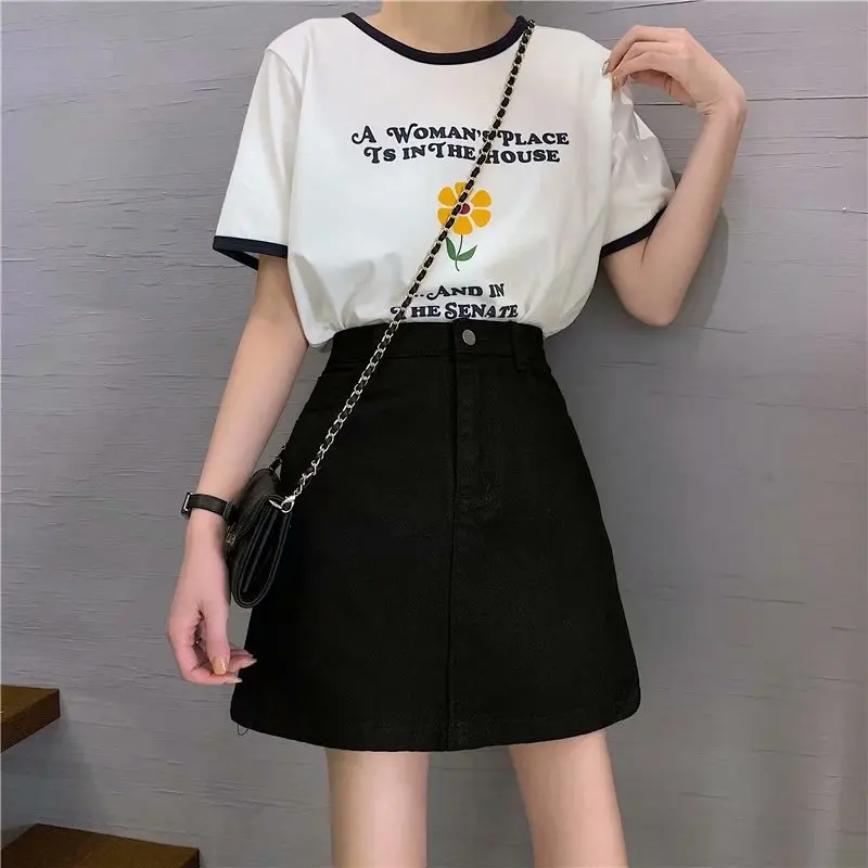 

Denim skirt female summer 2020 new package skirt high waist A-line skirt was thin and fat mm large size package hip skirt
