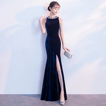 

Sexy High Split Mermaid Evening Party Dress Female Elegant Qipao Navy Blue O-neck Cheongsam Exquisite Sleeveless Vestidos