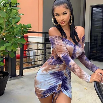 

KLILAEN autumn Sexy Off Shoulder long sleeve bodycon mini dresses women 2020 Harajuku fashion Christmas party night dress mujer